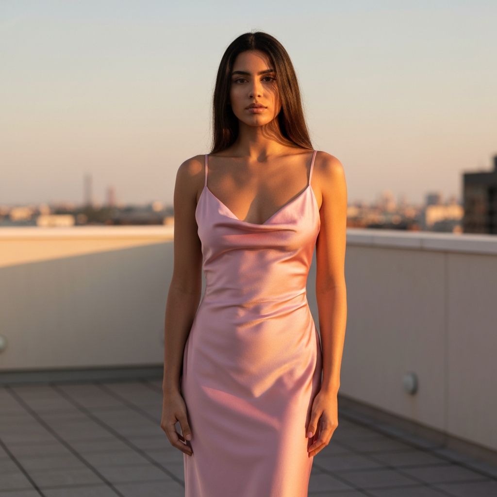 Stylish woman in a blush satin dress on a modern rooftop at golden hour
